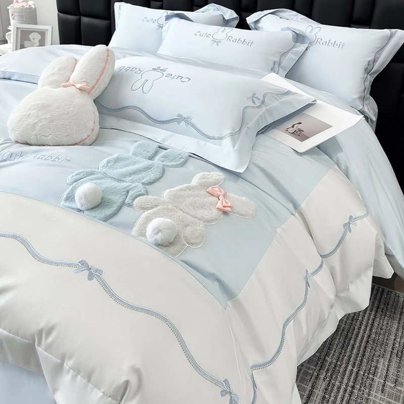 卡通A类长绒棉纯棉四件套全棉可爱小兔贴布绣被套少女心床上用品