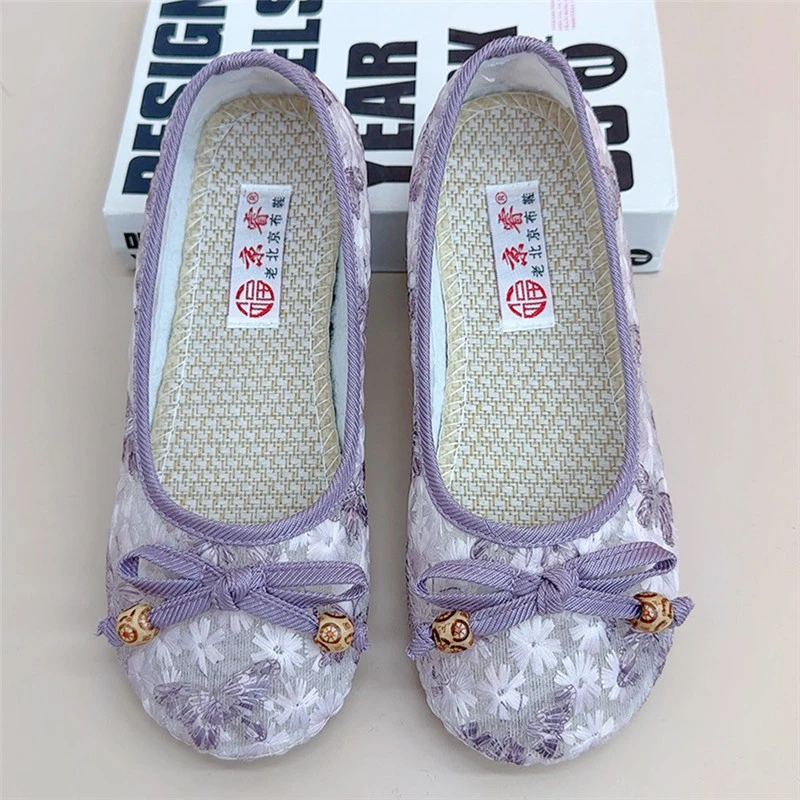 老北京布鞋夏季新款飞织镂空网面女单鞋蝴蝶结装饰圆头平底妈妈鞋