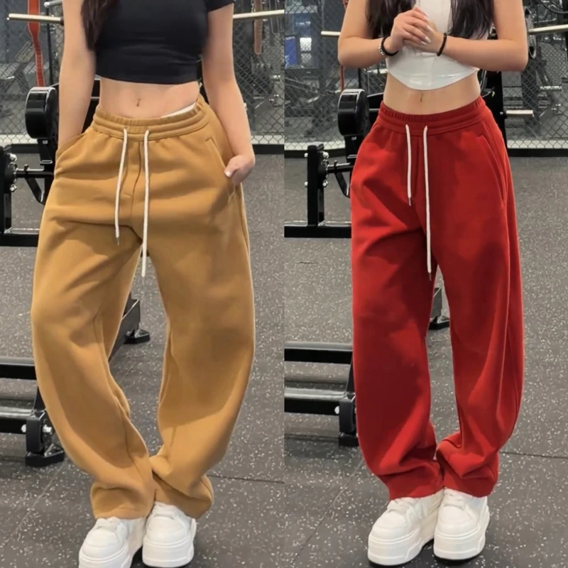 冬季新款刺绣纯色加绒休闲裤男高级感保暖香蕉裤宽松运动弯刀卫裤