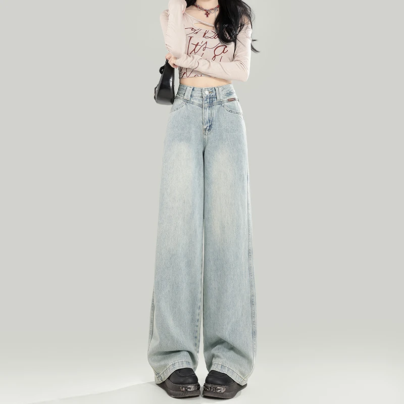 浅蓝复古阔腿牛仔裤女2025春季新款设计感宽松高腰垂感显瘦拖地裤