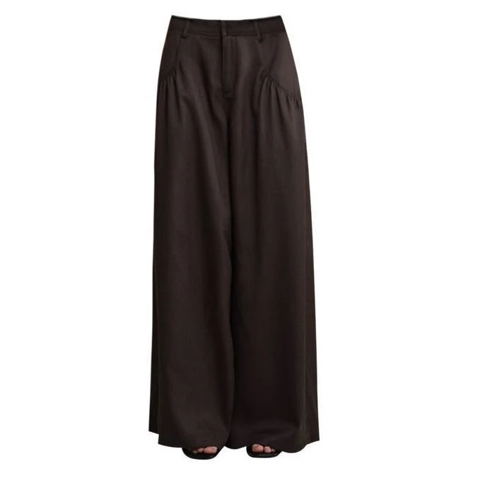 夏季新款柔软透气口袋收褶设计棕色宽松阔腿女裤