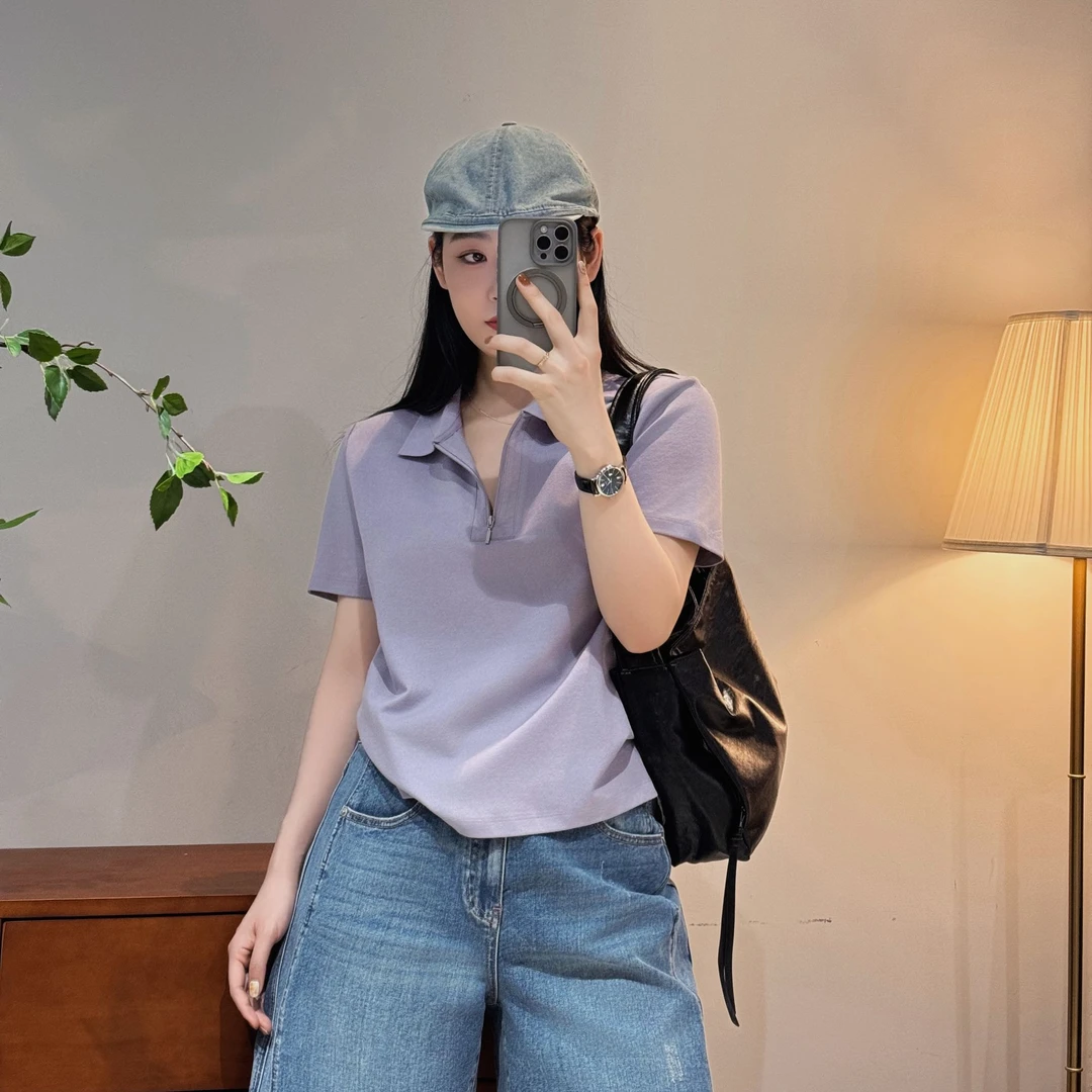韩系时尚百搭减龄舒适简约半开领带拉链短袖polo衫-M25102357