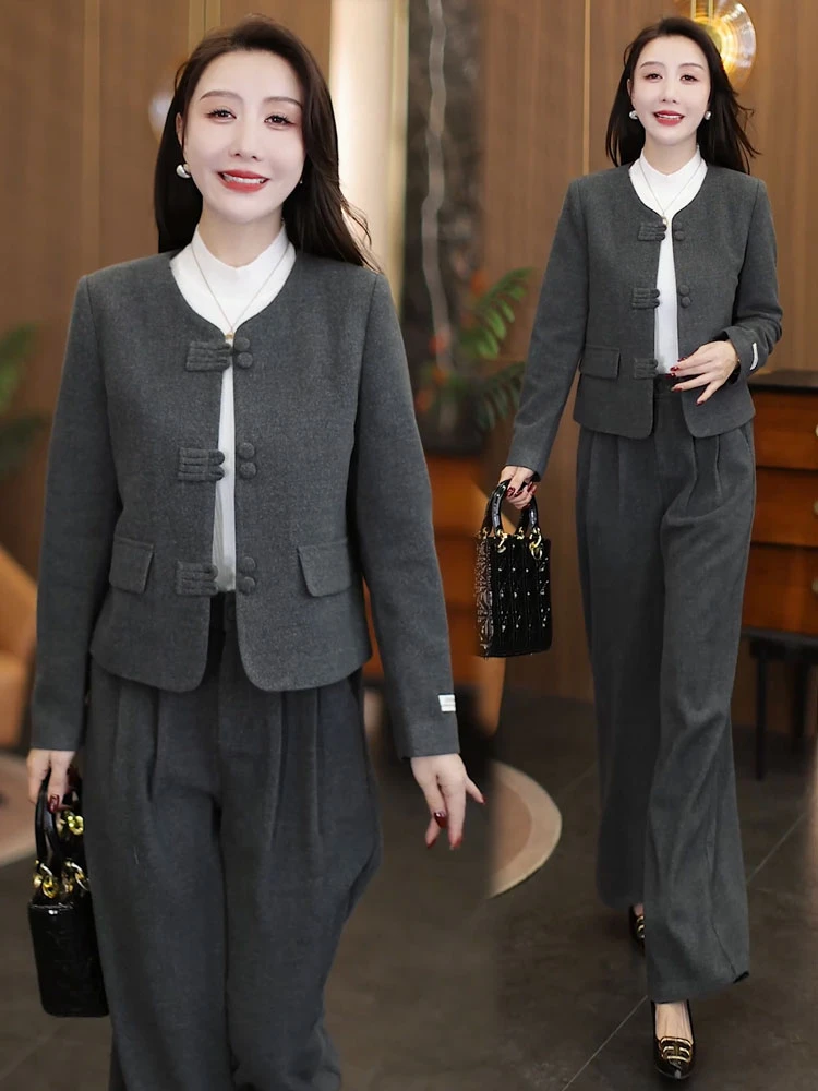 2025秋季新款时尚套装女时髦洋气毛呢短外套阔腿裤气质显瘦两件套