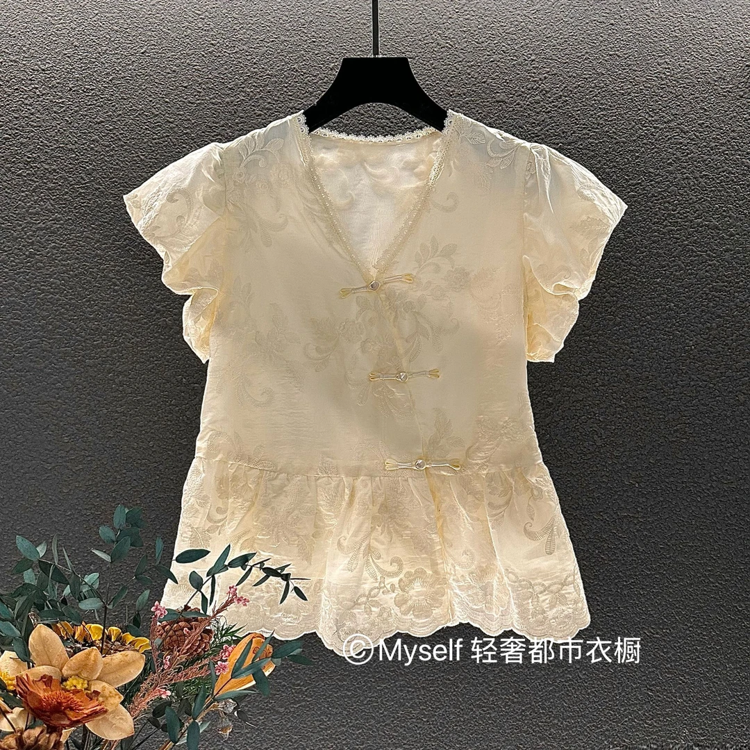 [BeckyM定制]通勤显瘦洋气夏装衬衫上衣新中式提花中式常规款