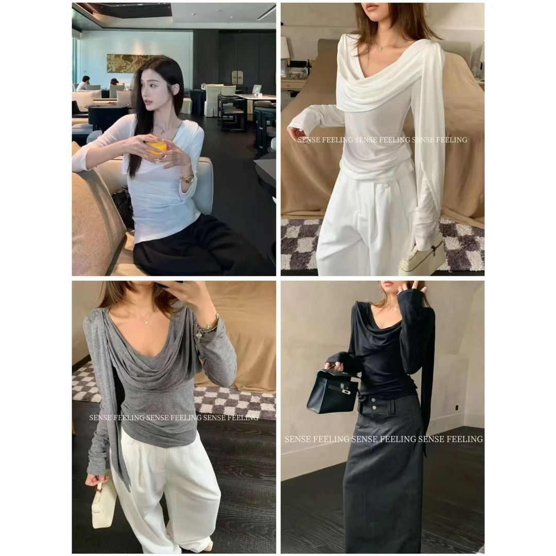 爱唯依（F）-清冷感！荡荡领极简长袖T恤（FE2036#）FEELING