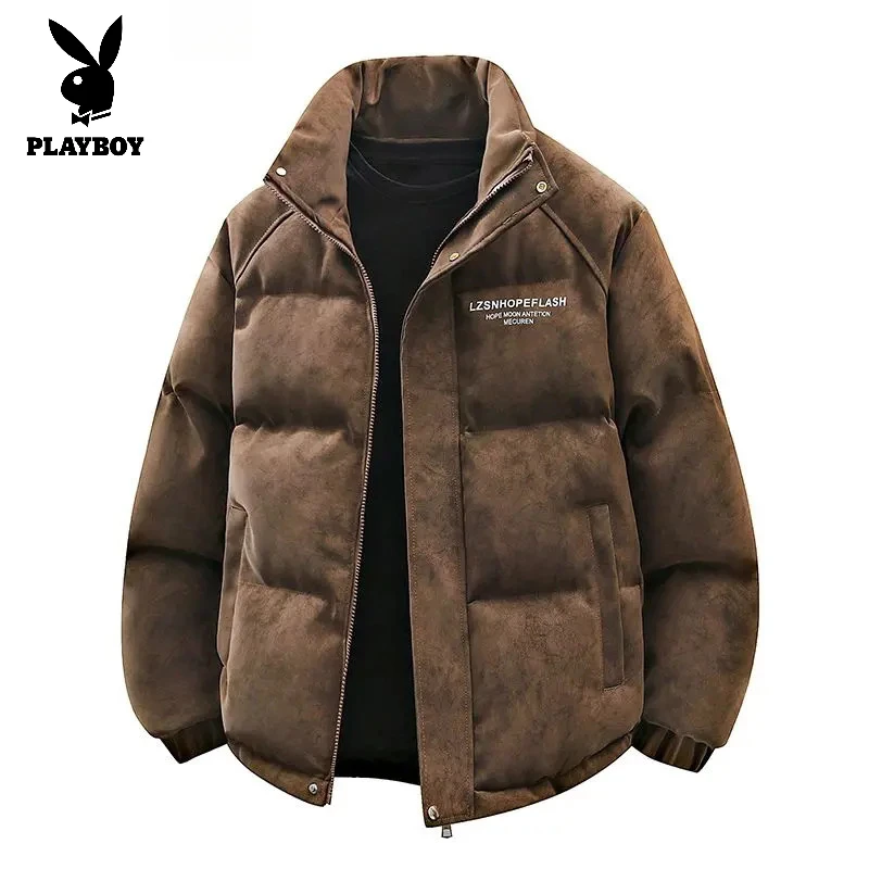 花花公子美式复古pu皮棉服男款冬季加厚保暖立领棉衣宽松棉袄男款