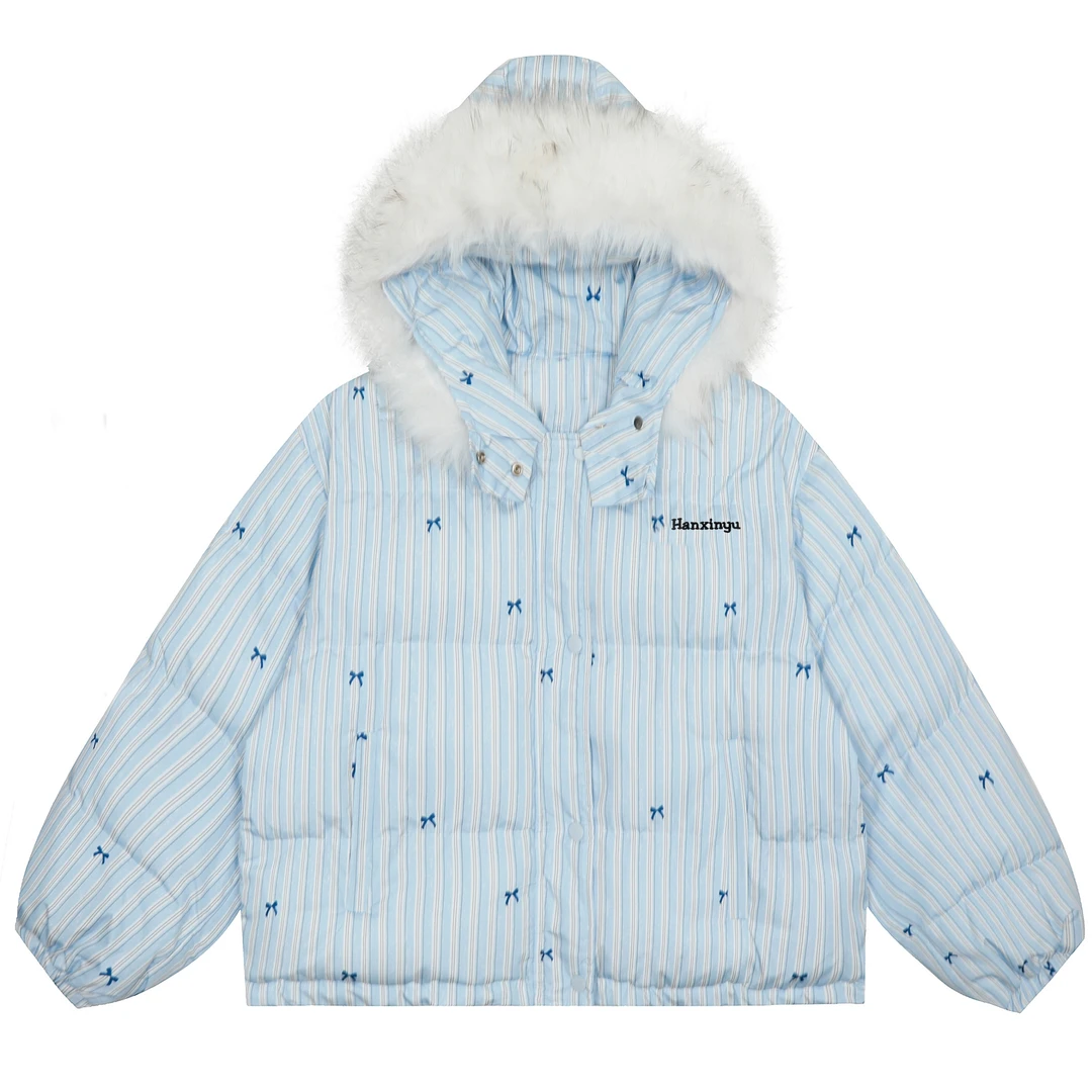 美式设计感条纹蝴蝶结大毛领连帽棉服外套女冬季保暖棉衣面包服潮