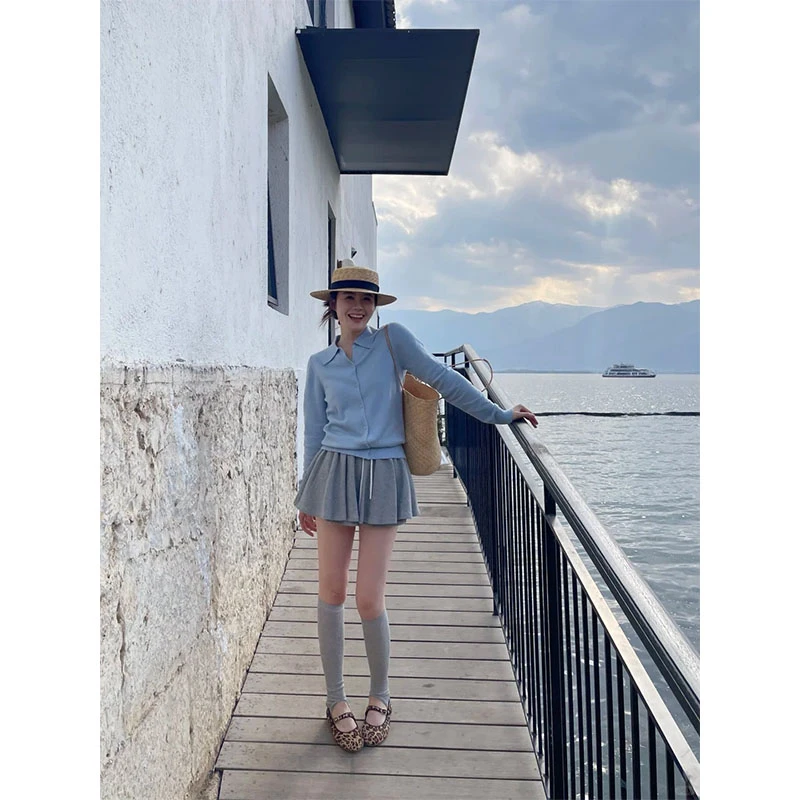 甜美风气质软糯小个子修身长袖针织开衫上衣高腰百搭褶皱休闲短裙