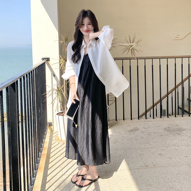 休闲防晒衬衫套装女款2025夏季新款薄款开衫长袖衬衣吊带裙两件套