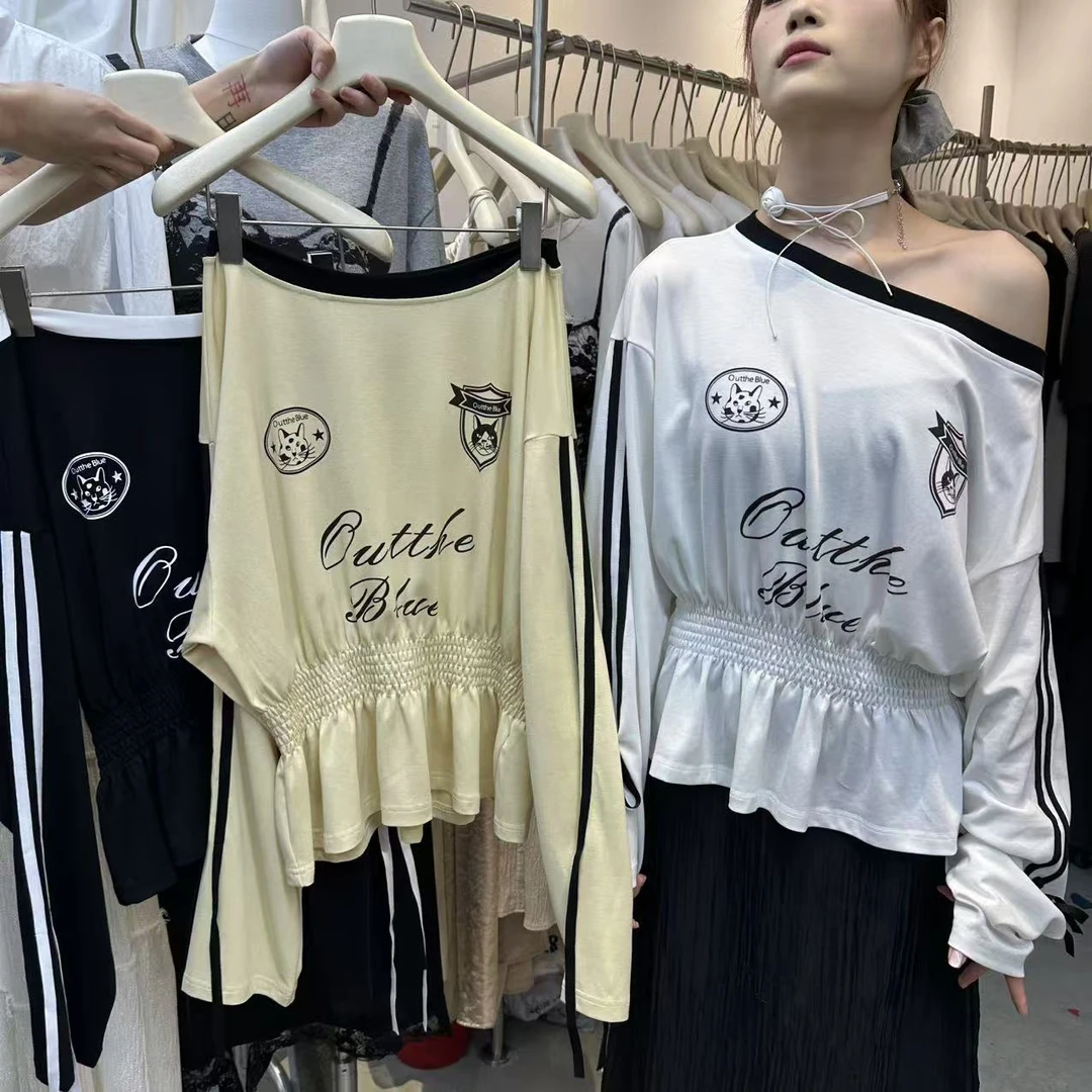 zada@6256 韩系百搭斜肩卡通印花设计感长袖T恤 6-18