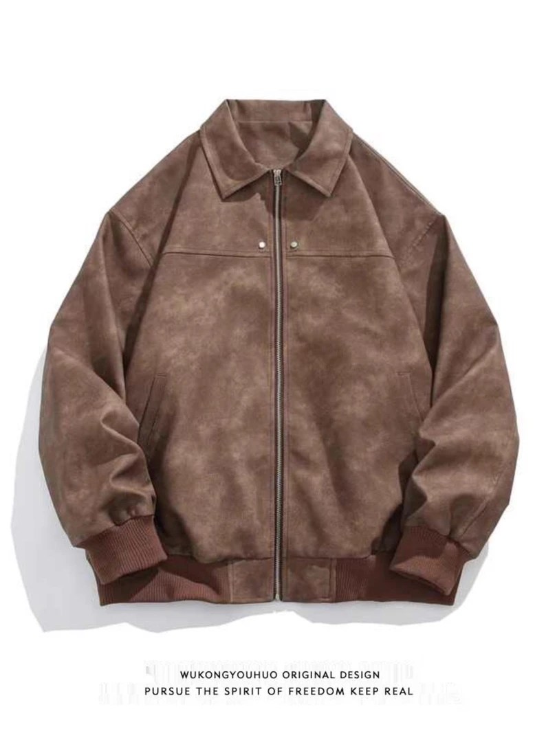 早秋新款美式复古棕色翻领皮衣外套男美拉德高级感麂皮绒情侣夹克