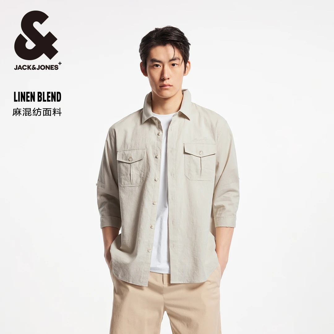 【麻混纺】杰克琼斯商场同款男装秋七分袖衬衫男款时尚休闲复古宽松