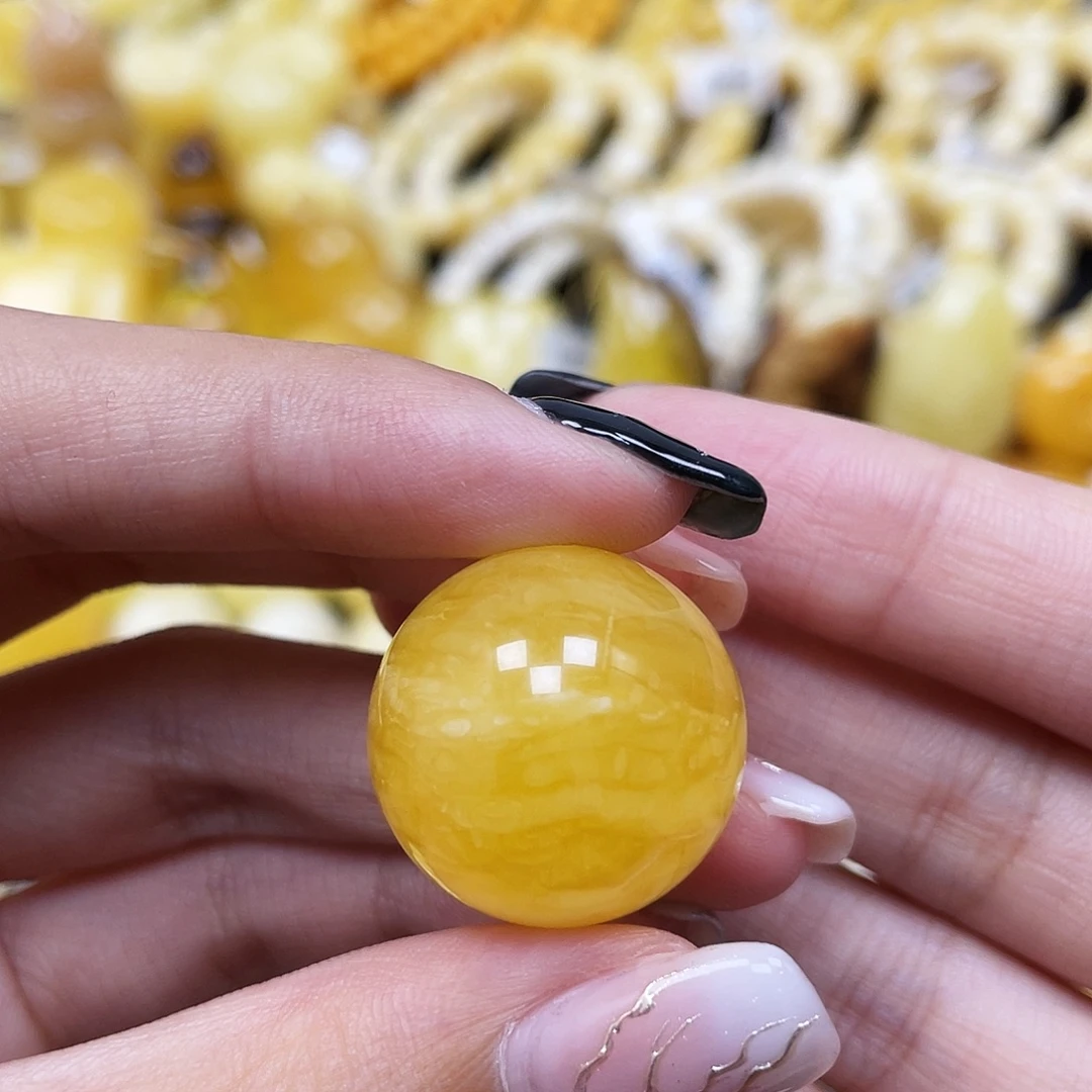 琥珀未镶嵌裸石22.1mm鸡油黄拉丝纹圆珠蜜蜡