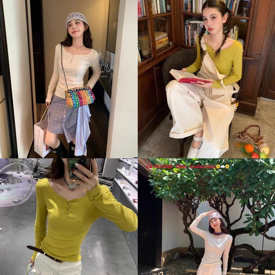 le rouge周美美 简约随性纽扣微弧线领口修身长袖T恤上衣