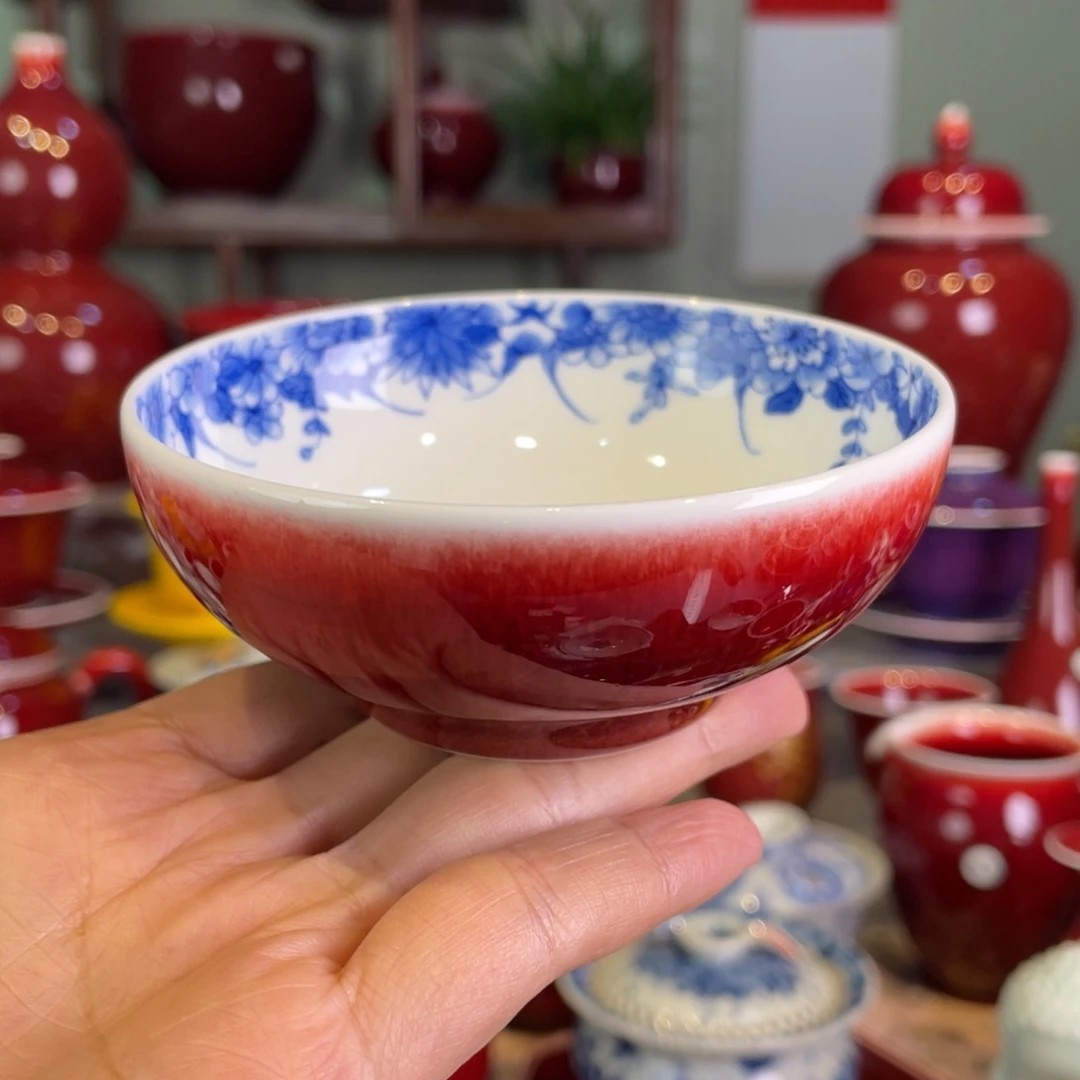 清欢雅玩原矿郎红内绘蝶恋花普洱杯