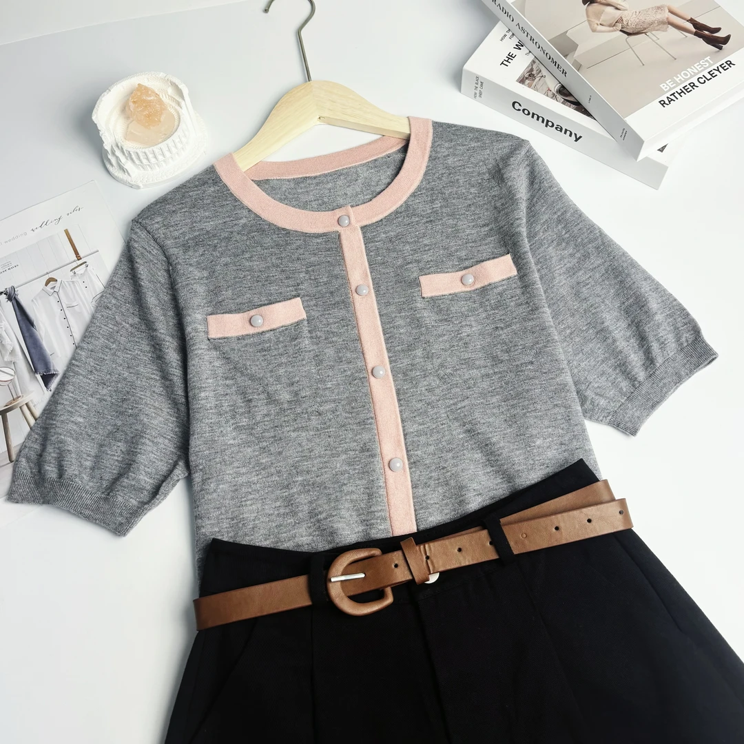 玲姐定制-圆领假开衫套头T恤真口袋常规厚针织短袖151521