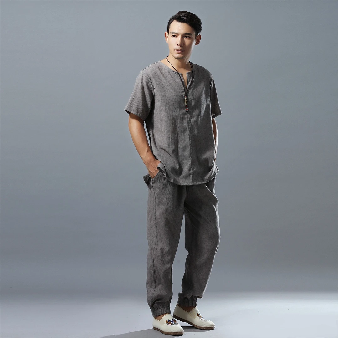 夏季短袖皱麻套装男薄款透气棉麻V领中国风两件套唐装复古居士服