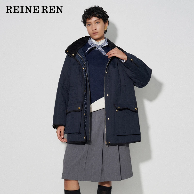 REINEREN设计师任茜 秋冬新品巴恩风3M绗棉绒面连帽棉服外套