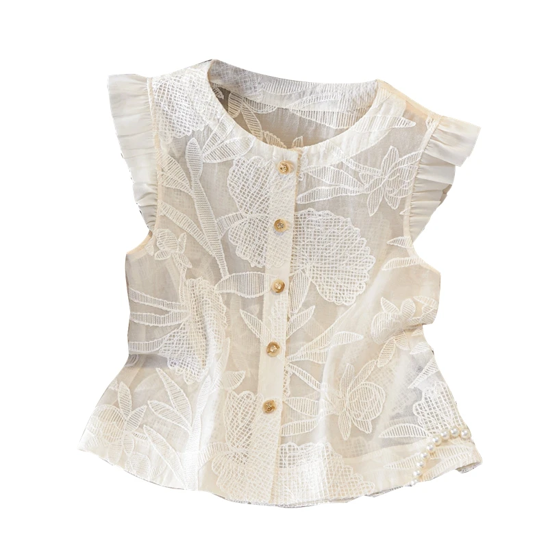 她池2025夏季新款女装圆领单排扣飞飞袖甜美法式衬衫T52B1815C