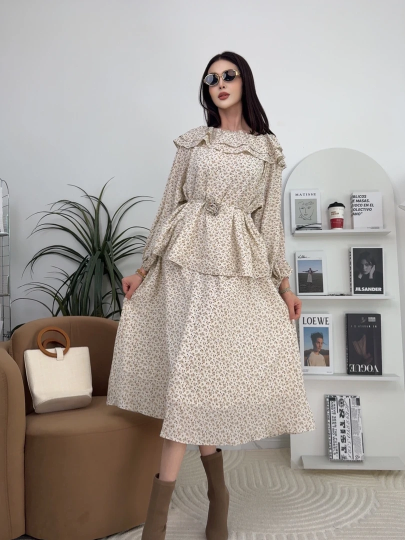 GIFLONA米色碎花半身裙套装