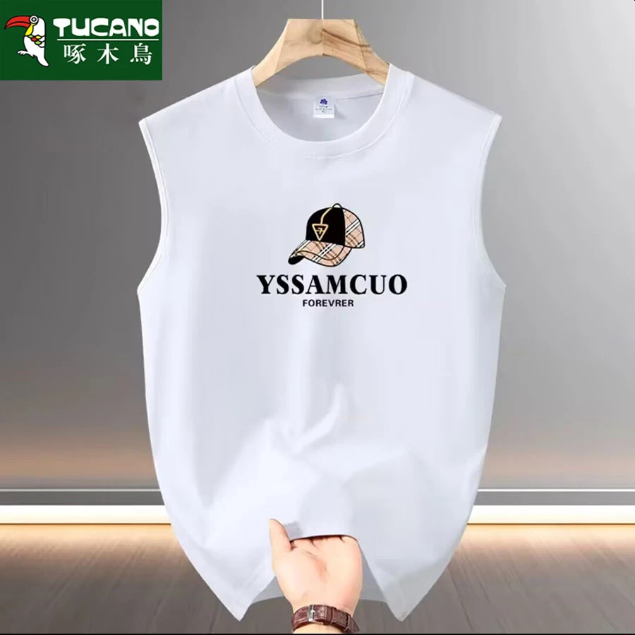 啄木鸟夏季男士背心运动潮流薄款纯棉圆领无袖t恤健身休闲男装潮