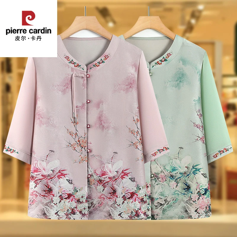 皮尔卡丹中老年人奶奶装夏款中袖衬衫新中式国风妈妈女装60岁老人