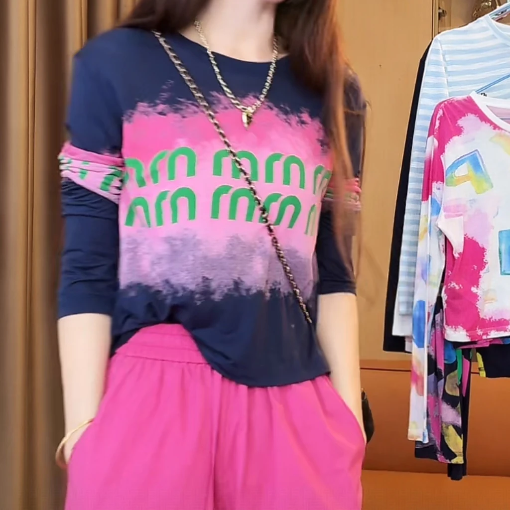 设计感字母印花防晒T恤女2025夏季新款薄款潮流韩版圆领长袖上衣