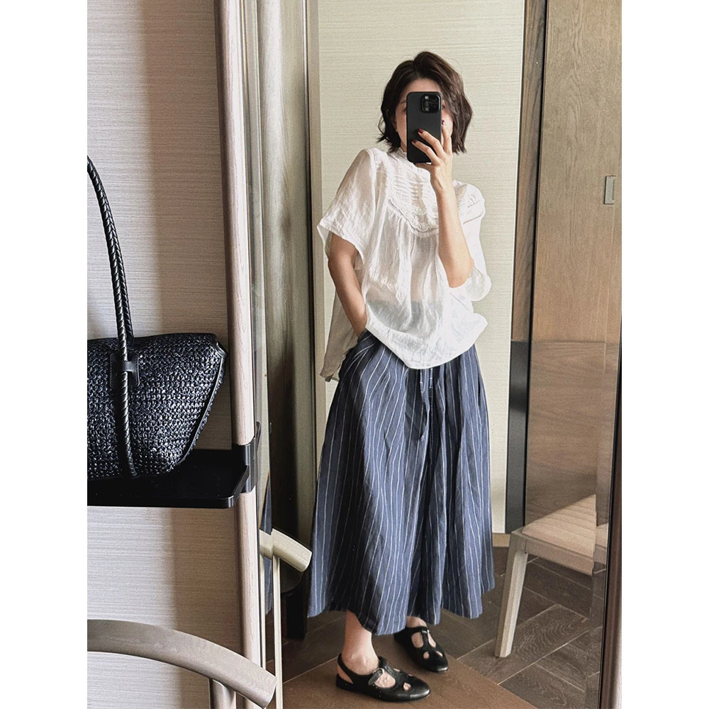 【MGDM】动态美学风设计感100亚麻藏青条纹阔腿裤时尚气质九分裤