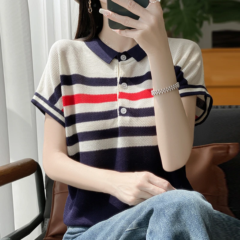 Polo领针织衫女士夏季大码显瘦条纹上衣宽松时尚撞色翻领短袖T恤