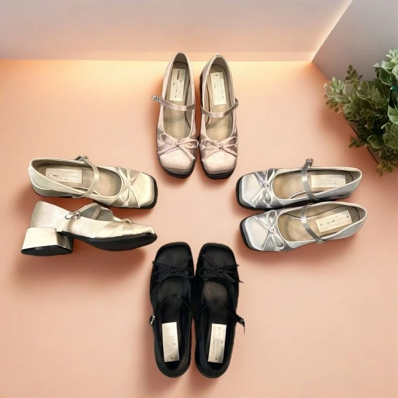【顺丰现货包邮】贝壳头蝴蝶结方头玛丽珍跟鞋百搭中低跟一字带单鞋