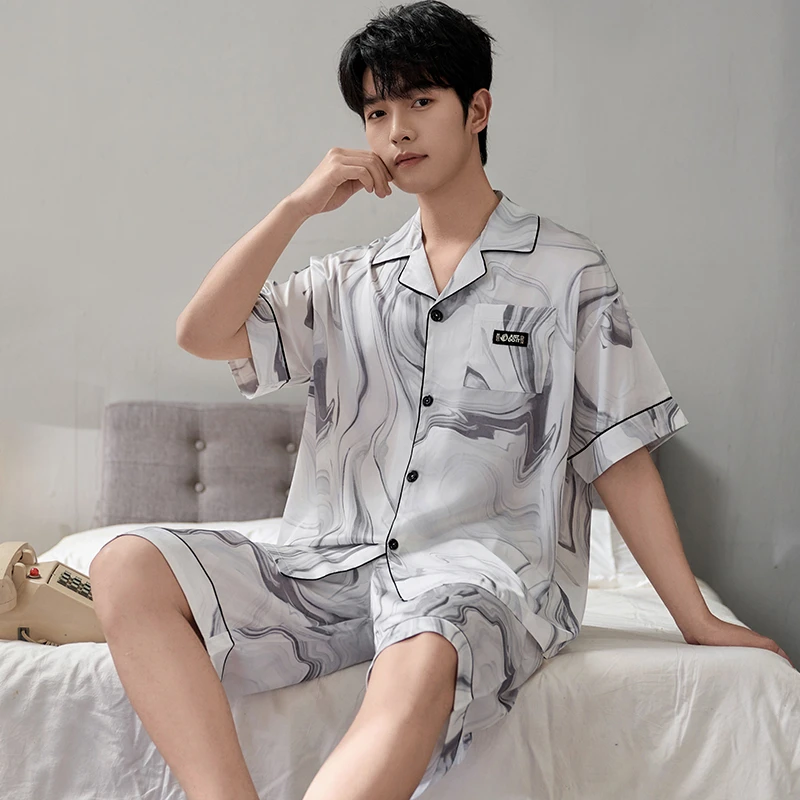 男士睡衣夏季冰丝短袖短裤套装夏天薄款加大码宽松高级感家居服
