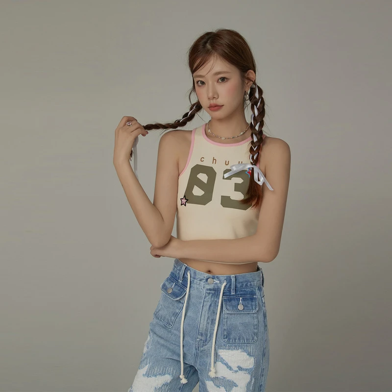 0012【金拐子专属】CHUU星星贴布甜辣字母刺绣无袖背心吊带-F