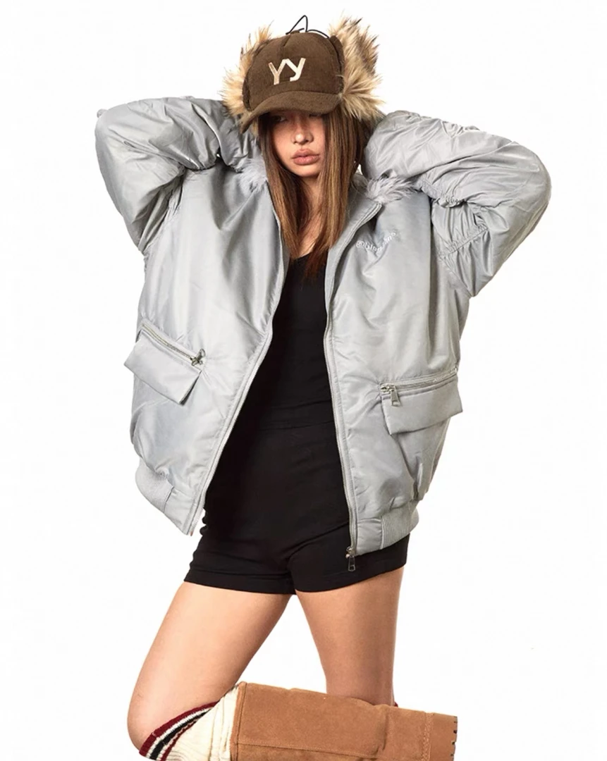 没事复古褶皱毛领棉服