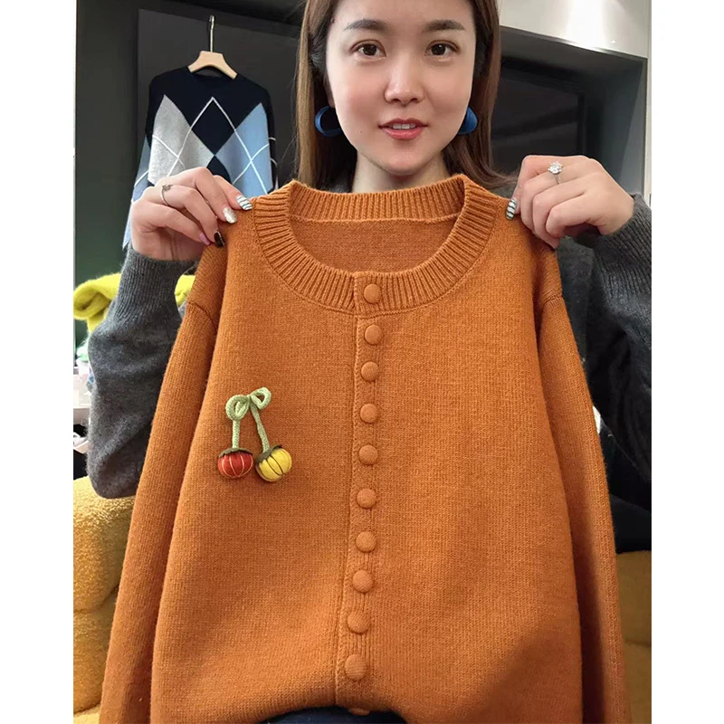 「万事不南」重工手编！秋冬南瓜圆领纽扣毛衣外套百搭针织开衫-5337