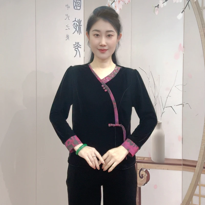 国风盘扣V领中老年女装新中式金丝绒上衣