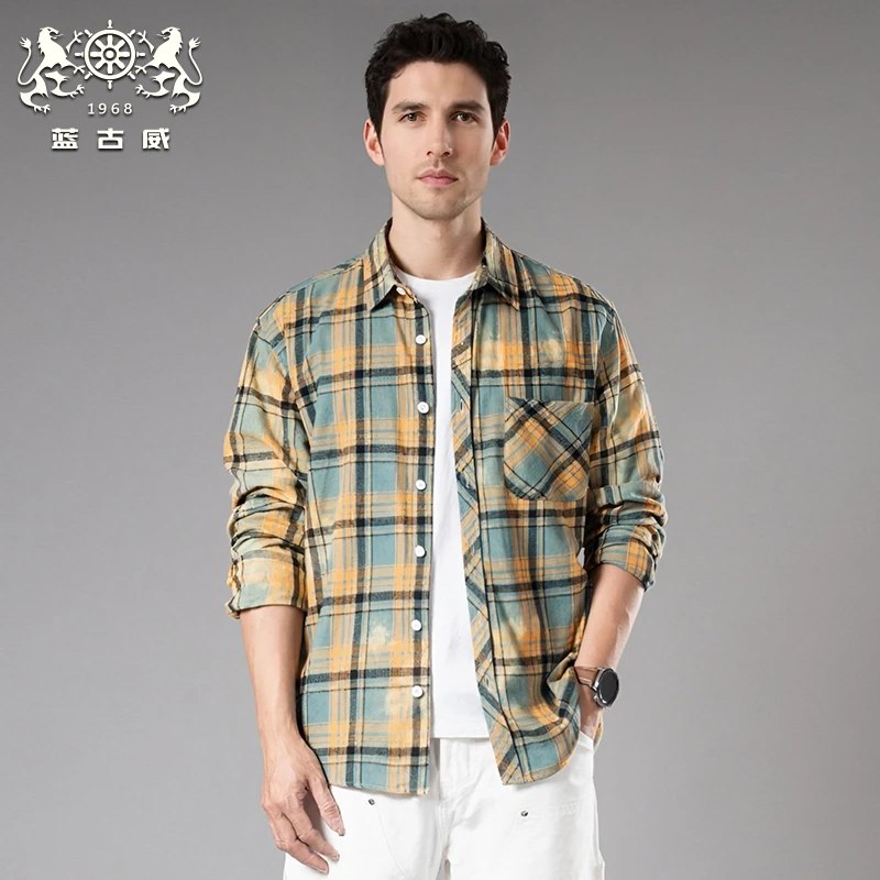 蓝古威春夏季长袖格子衬衫男士新款时尚潮流休闲宽松撞色纯棉衬衣