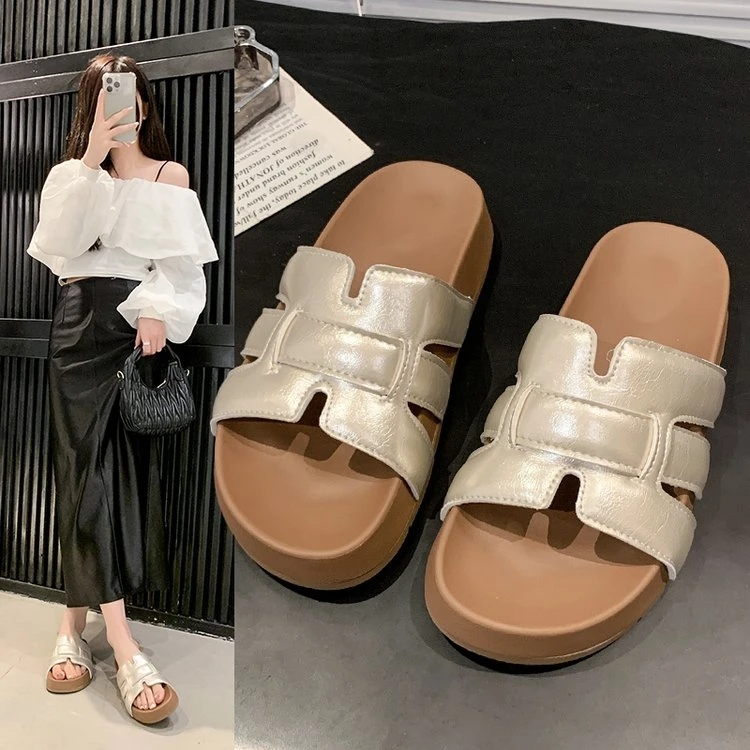 防水台凉鞋日常一字拖修面休闲风休闲百搭女鞋平底
