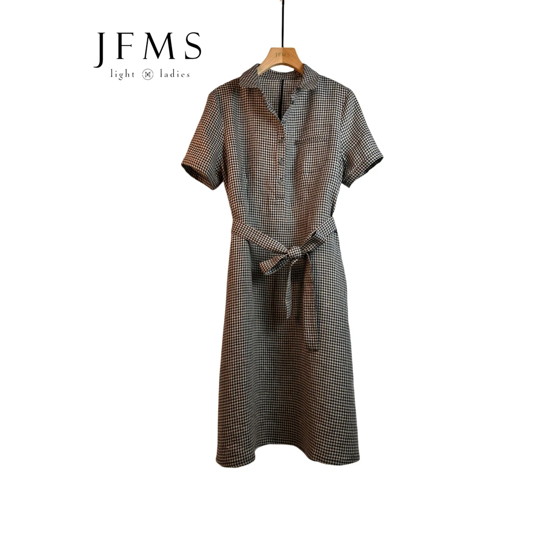 100纯亚麻经典千鸟格赫本风连衣裙Q817