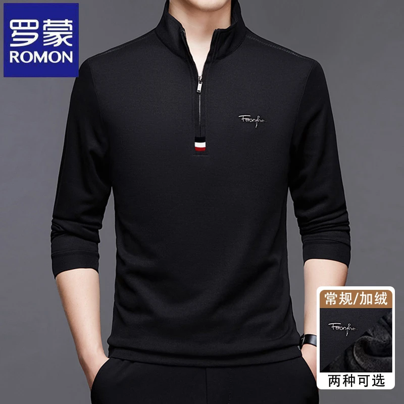 罗蒙春秋季新款体恤男士韩版半高拉链立领休闲上衣高档长袖t恤潮