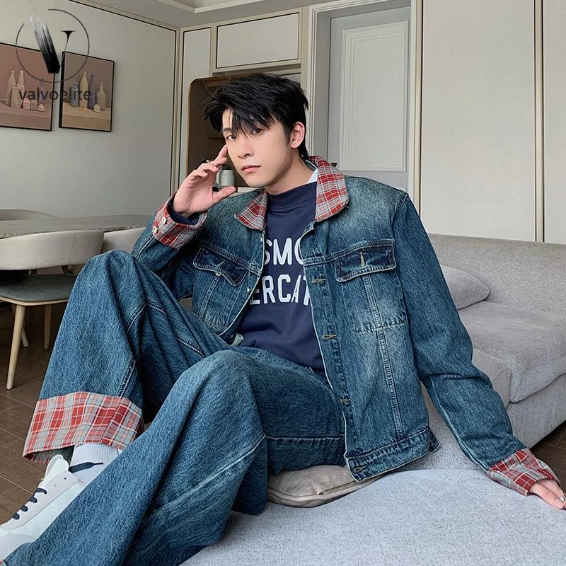 VALVOELITE今年流行春秋蓝色牛仔两件套装长裤夹克新中式男装一套