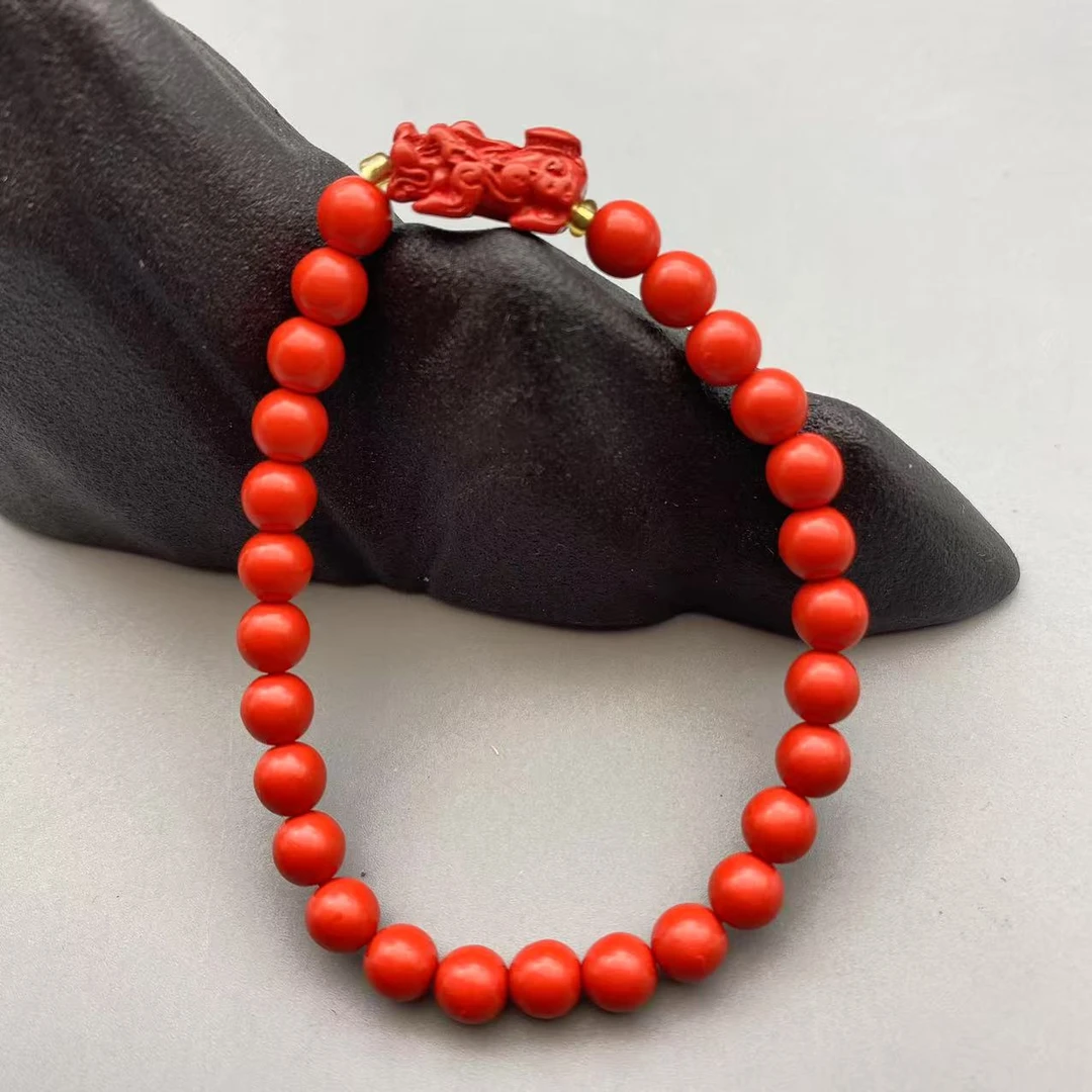 含辰砂工艺品HA342-红色雕刻貔貅配隔珠6mm单圈手串