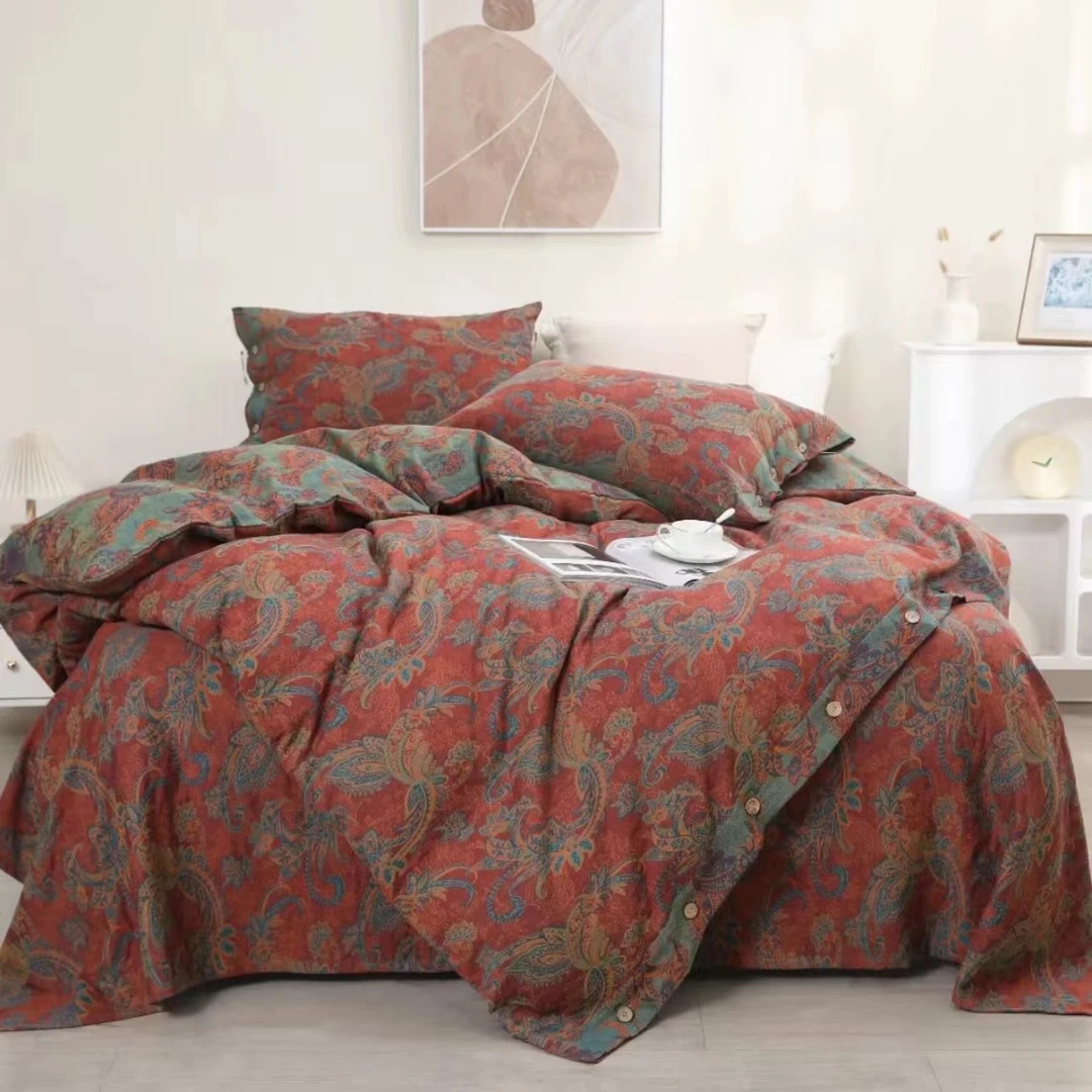 【凤尾三件套】纯棉双层纱A类床单2.4*2.5M枕套48*74