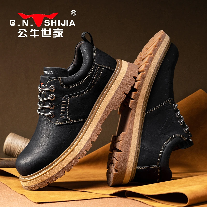 公牛世家男鞋真皮休闲皮鞋英伦风男鞋男士休闲双鞋舌工装鞋鞋男款