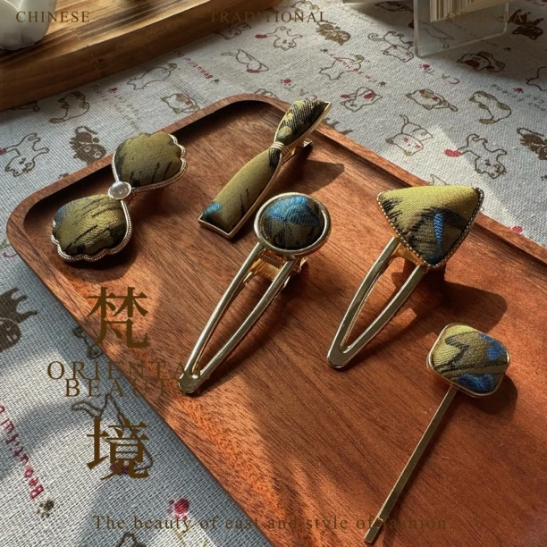 宋锦暗金色古典百搭手工布艺发卡复古新中式国风