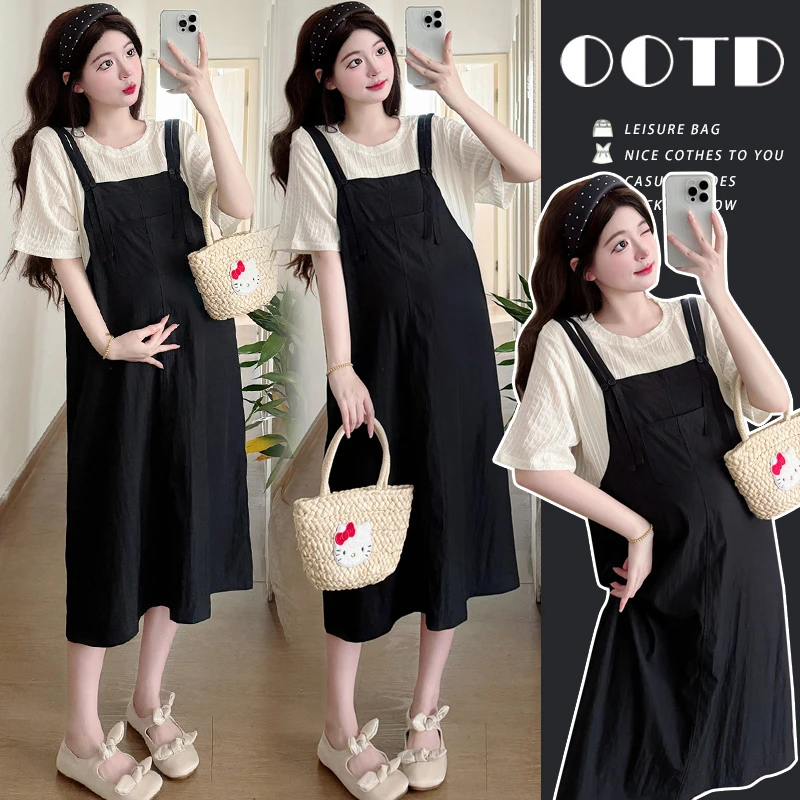 【嗒嗒】小个子2025新款夏季孕妇连衣裙减龄韩版宽松假两件套大码女