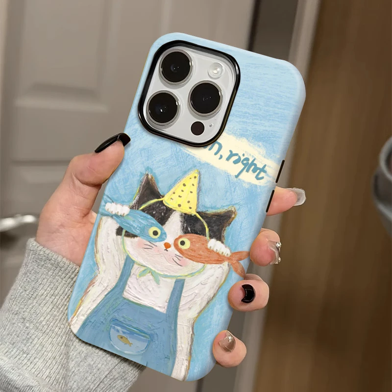 油画猫咪适用iphone16手机壳15PRO/14可爱13/12/11卡通菲林二合一