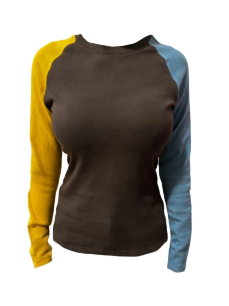 Amy家 微胖mm2025秋冬腈纶自发热混纺拼接撞色内搭打底衫显瘦上衣