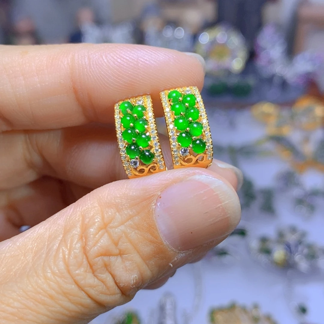 翡翠耳钉银S925镶嵌天然翡翠