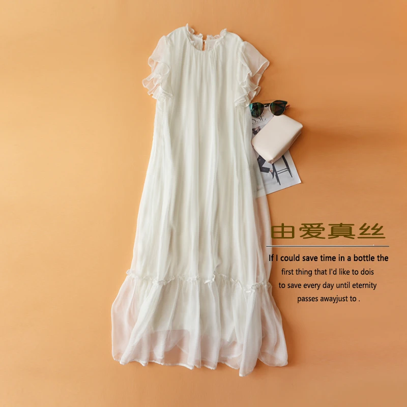 100%桑蚕丝连衣裙女夏季很仙的白色显瘦度假设计感荷叶边真丝长裙