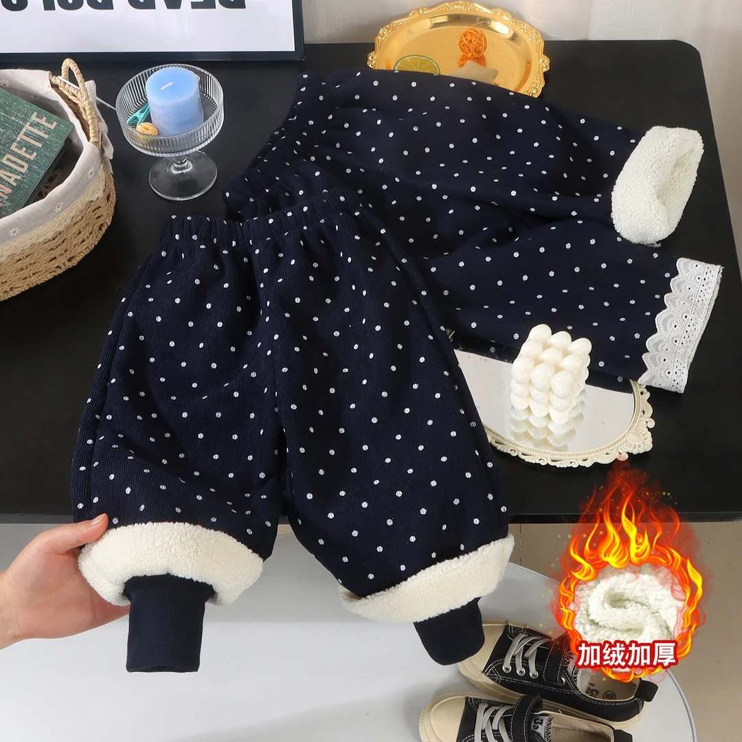 女童2025新款加绒保暖冬季洋气森系波点百搭休闲直筒裤韩版宽松裤